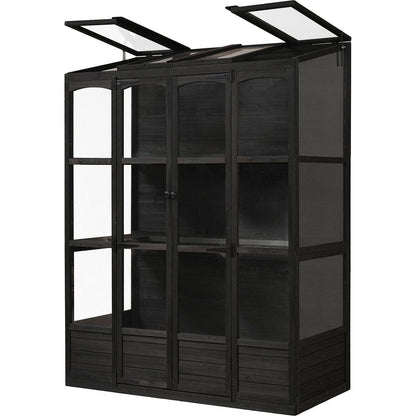 78-inch Wooden Greenhouse Cold Frame with 4 Independent Skylights and 2 Folding Middle Shelves, Walk-in Outdoor Greenhouse, Black