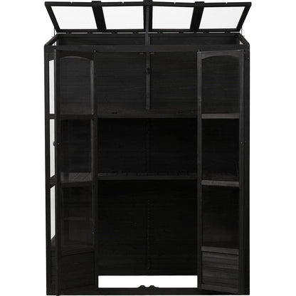 78-inch Wooden Greenhouse Cold Frame with 4 Independent Skylights and 2 Folding Middle Shelves, Walk-in Outdoor Greenhouse, Black