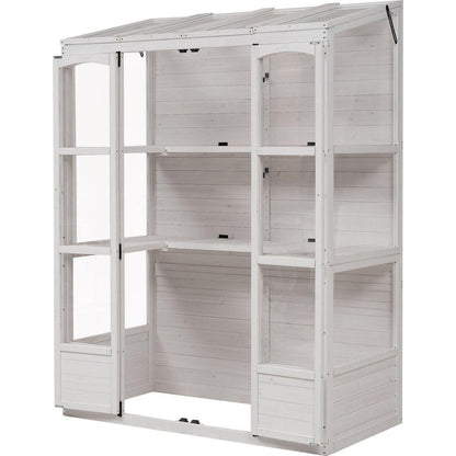 78-inch Wooden Greenhouse Cold Frame with 4 Independent Skylights and 2 Folding Middle Shelves, Walk-in Outdoor Greenhouse, White