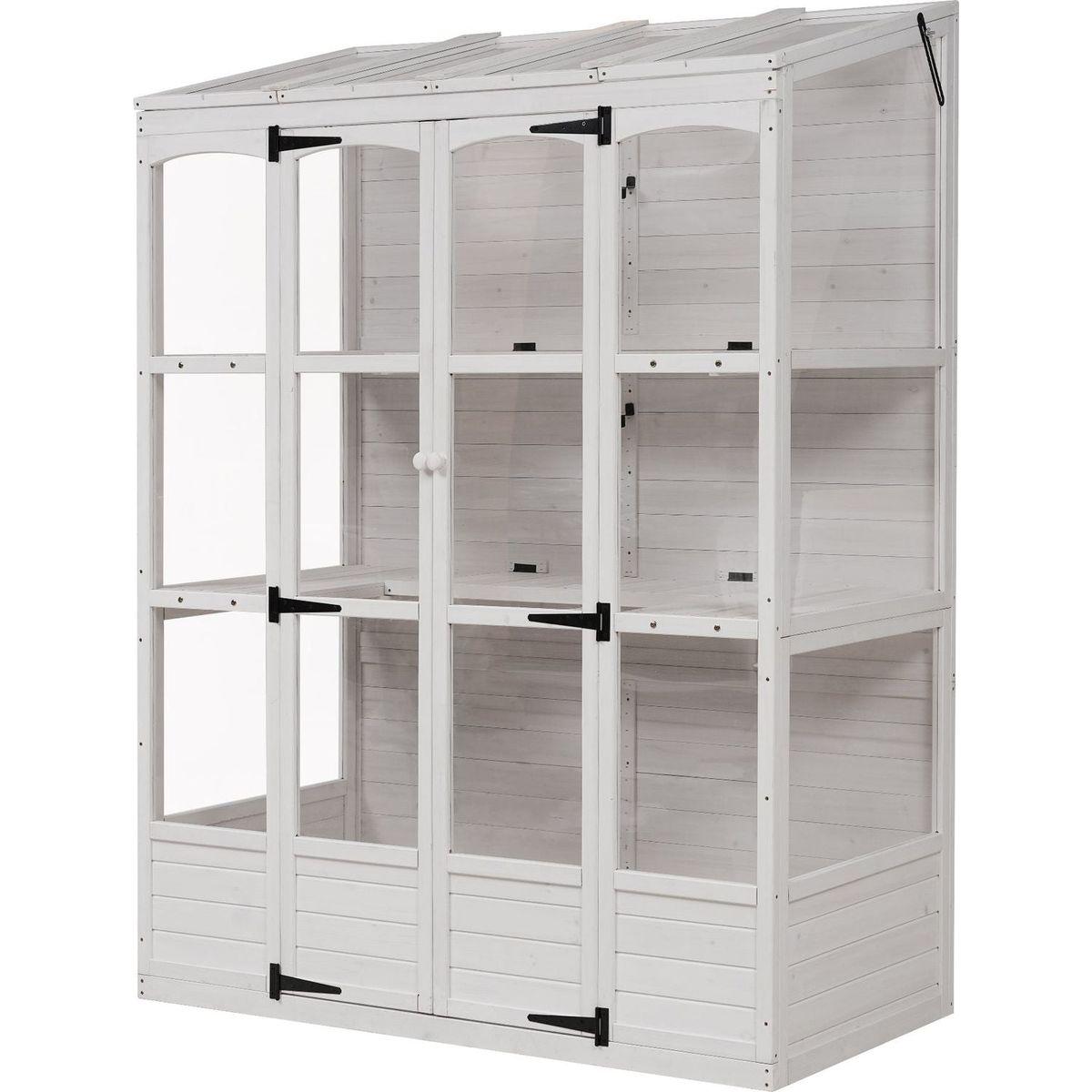 78-inch Wooden Greenhouse Cold Frame with 4 Independent Skylights and 2 Folding Middle Shelves, Walk-in Outdoor Greenhouse, White