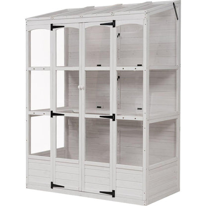 78-inch Wooden Greenhouse Cold Frame with 4 Independent Skylights and 2 Folding Middle Shelves, Walk-in Outdoor Greenhouse, White