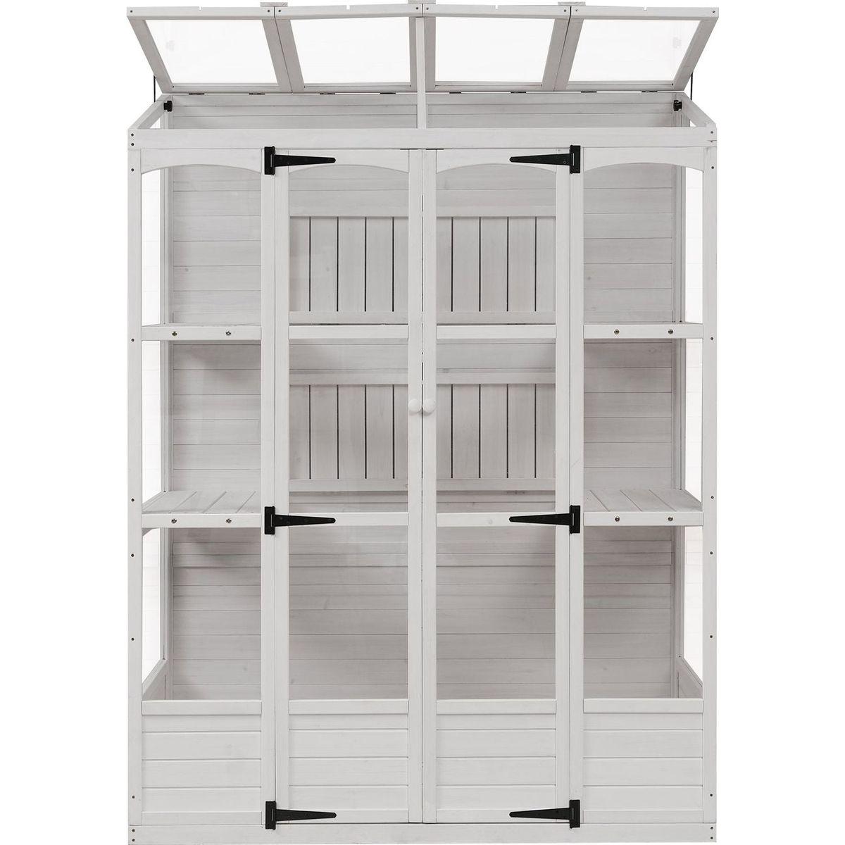 78-inch Wooden Greenhouse Cold Frame with 4 Independent Skylights and 2 Folding Middle Shelves, Walk-in Outdoor Greenhouse, White