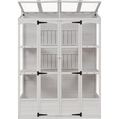 78-inch Wooden Greenhouse Cold Frame with 4 Independent Skylights and 2 Folding Middle Shelves, Walk-in Outdoor Greenhouse, White
