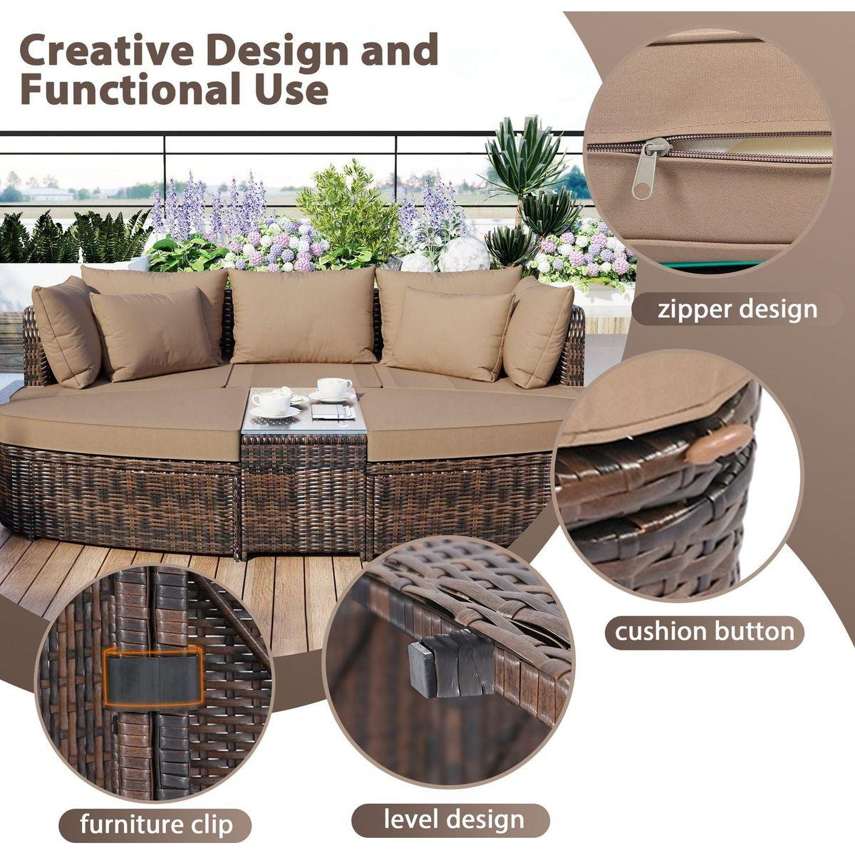 6-Piece Patio Outdoor Conversation Round Sofa Set, PE Wicker Rattan Separate Seating Group with Coffee Table, Brown
