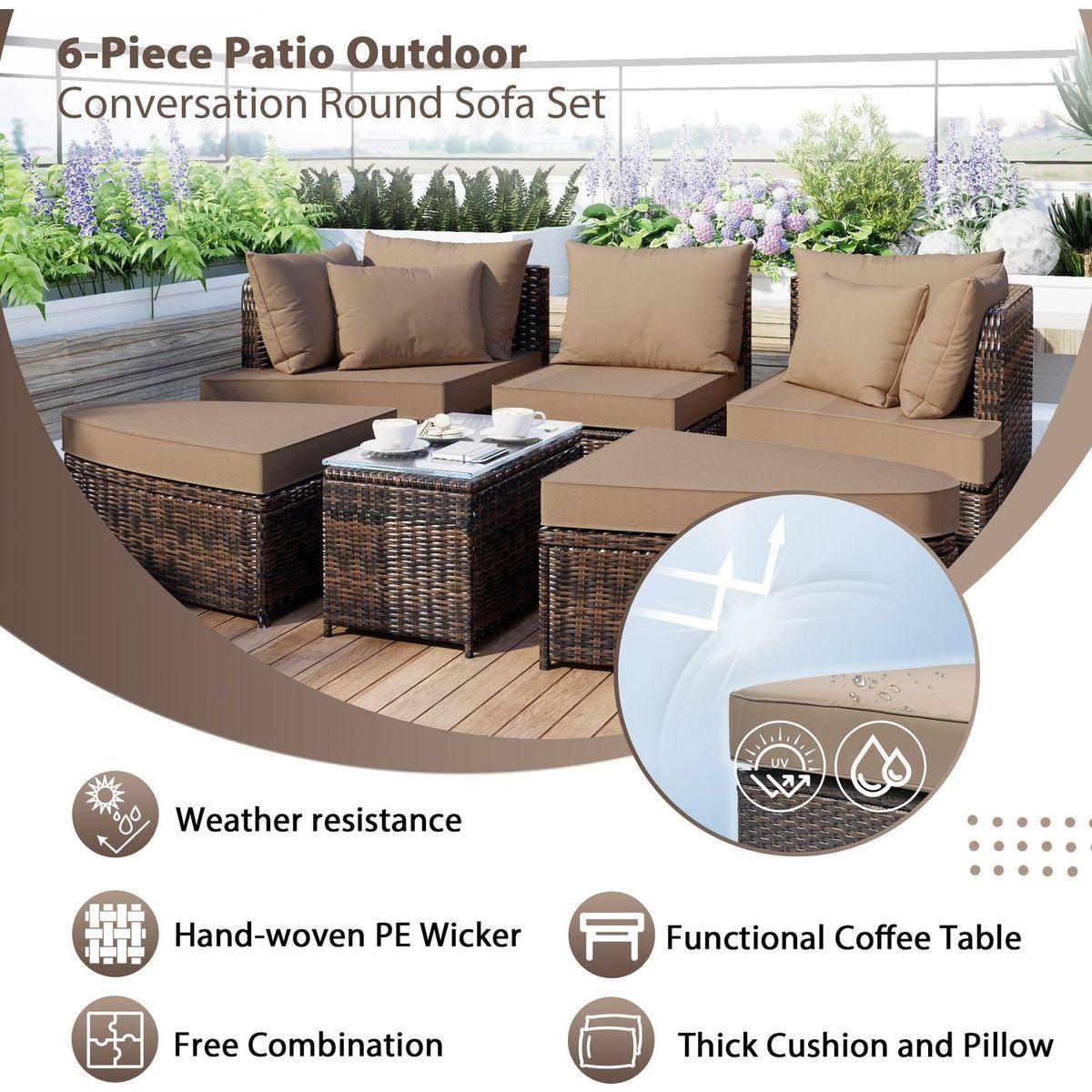 6-Piece Patio Outdoor Conversation Round Sofa Set, PE Wicker Rattan Separate Seating Group with Coffee Table, Brown