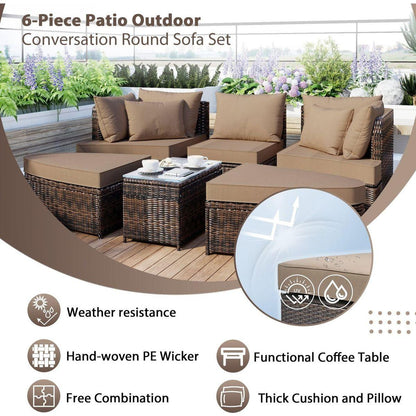 6-Piece Patio Outdoor Conversation Round Sofa Set, PE Wicker Rattan Separate Seating Group with Coffee Table, Brown