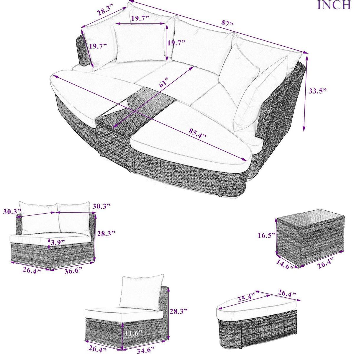 6-Piece Patio Outdoor Conversation Round Sofa Set, PE Wicker Rattan Separate Seating Group with Coffee Table, Brown