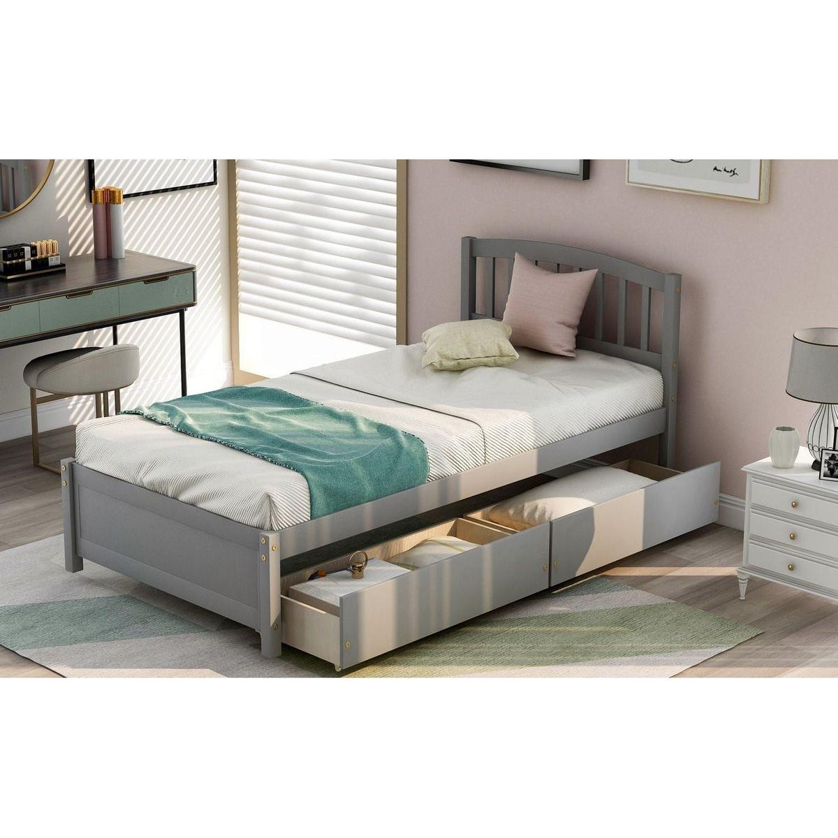 Twin Platform Storage Bed Wood Bed Frame with Two Drawers and Headboard, Gray