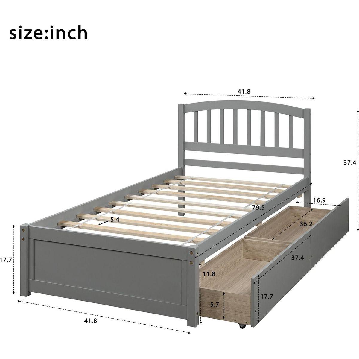 Twin Platform Storage Bed Wood Bed Frame with Two Drawers and Headboard, Gray