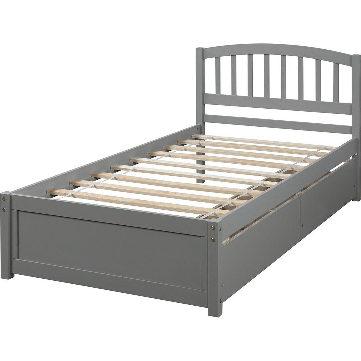 Twin Platform Storage Bed Wood Bed Frame with Two Drawers and Headboard, Gray