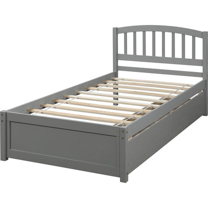 Twin Platform Storage Bed Wood Bed Frame with Two Drawers and Headboard, Gray
