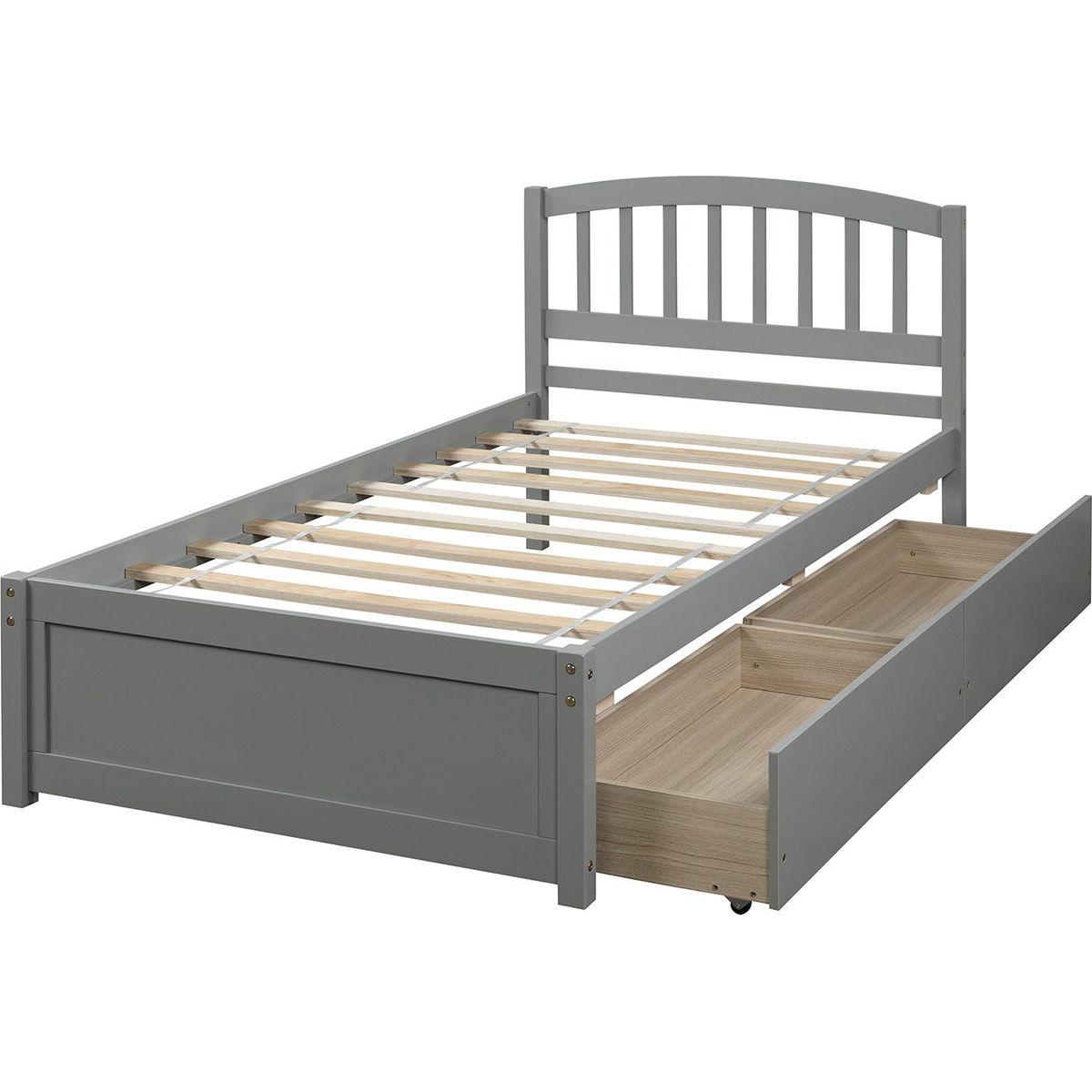 Twin Platform Storage Bed Wood Bed Frame with Two Drawers and Headboard, Gray