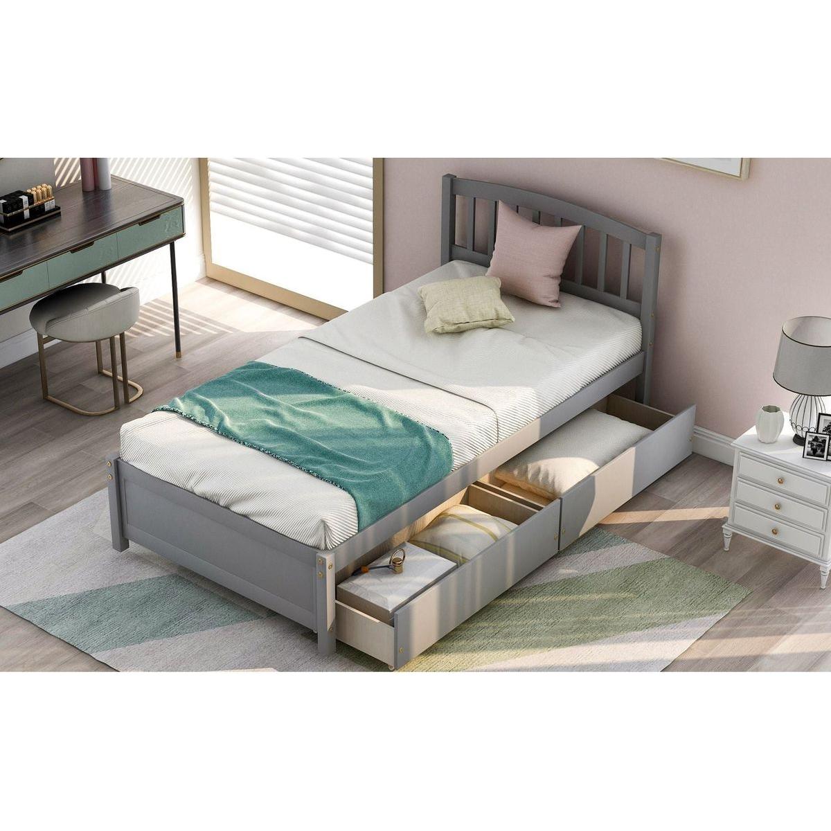 Twin Platform Storage Bed Wood Bed Frame with Two Drawers and Headboard, Gray