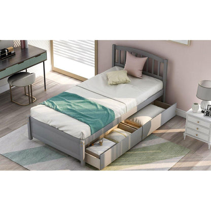Twin Platform Storage Bed Wood Bed Frame with Two Drawers and Headboard, Gray