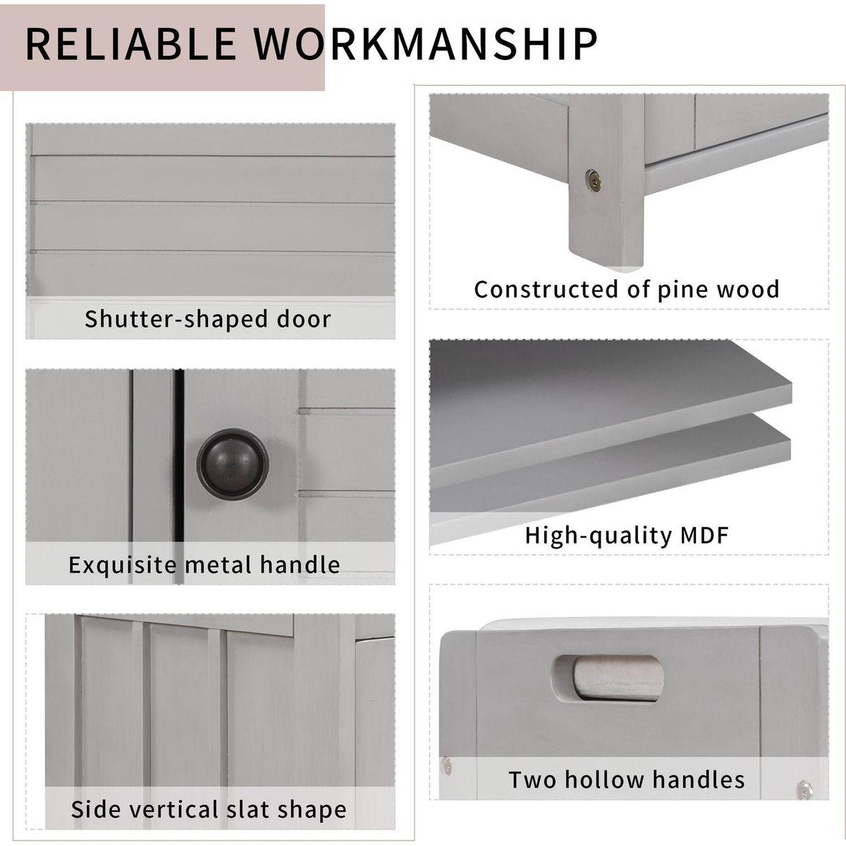 Storage Bench with 3 Shutter-shaped Doors, Shoe Bench with Removable Cushion and Hidden Storage Space (Gray Wash