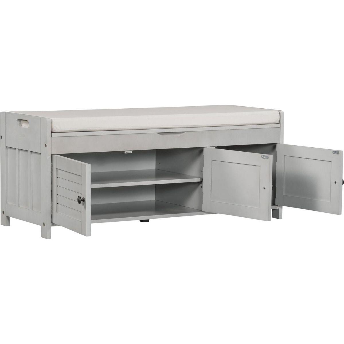 Storage Bench with 3 Shutter-shaped Doors, Shoe Bench with Removable Cushion and Hidden Storage Space (Gray Wash