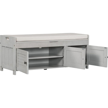 Storage Bench with 3 Shutter-shaped Doors, Shoe Bench with Removable Cushion and Hidden Storage Space (Gray Wash