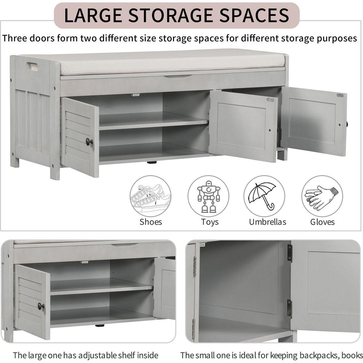 Storage Bench with 3 Shutter-shaped Doors, Shoe Bench with Removable Cushion and Hidden Storage Space (Gray Wash