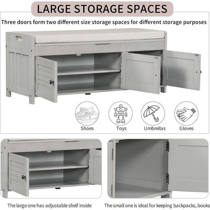 Storage Bench with 3 Shutter-shaped Doors, Shoe Bench with Removable Cushion and Hidden Storage Space (Gray Wash