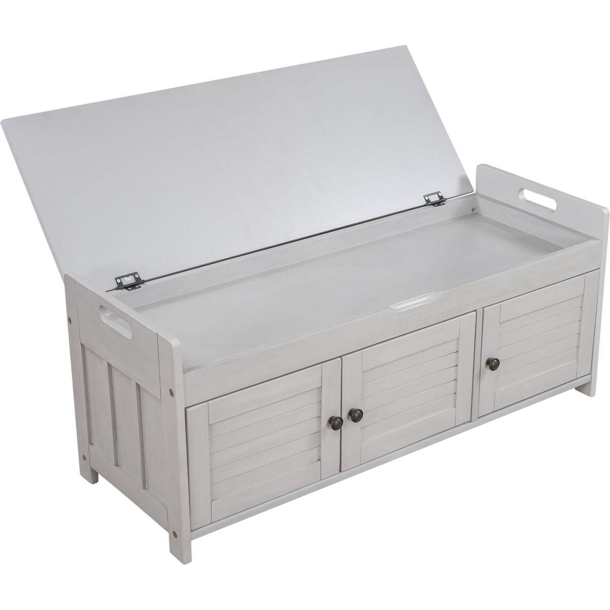 Storage Bench with 3 Shutter-shaped Doors, Shoe Bench with Removable Cushion and Hidden Storage Space (Gray Wash