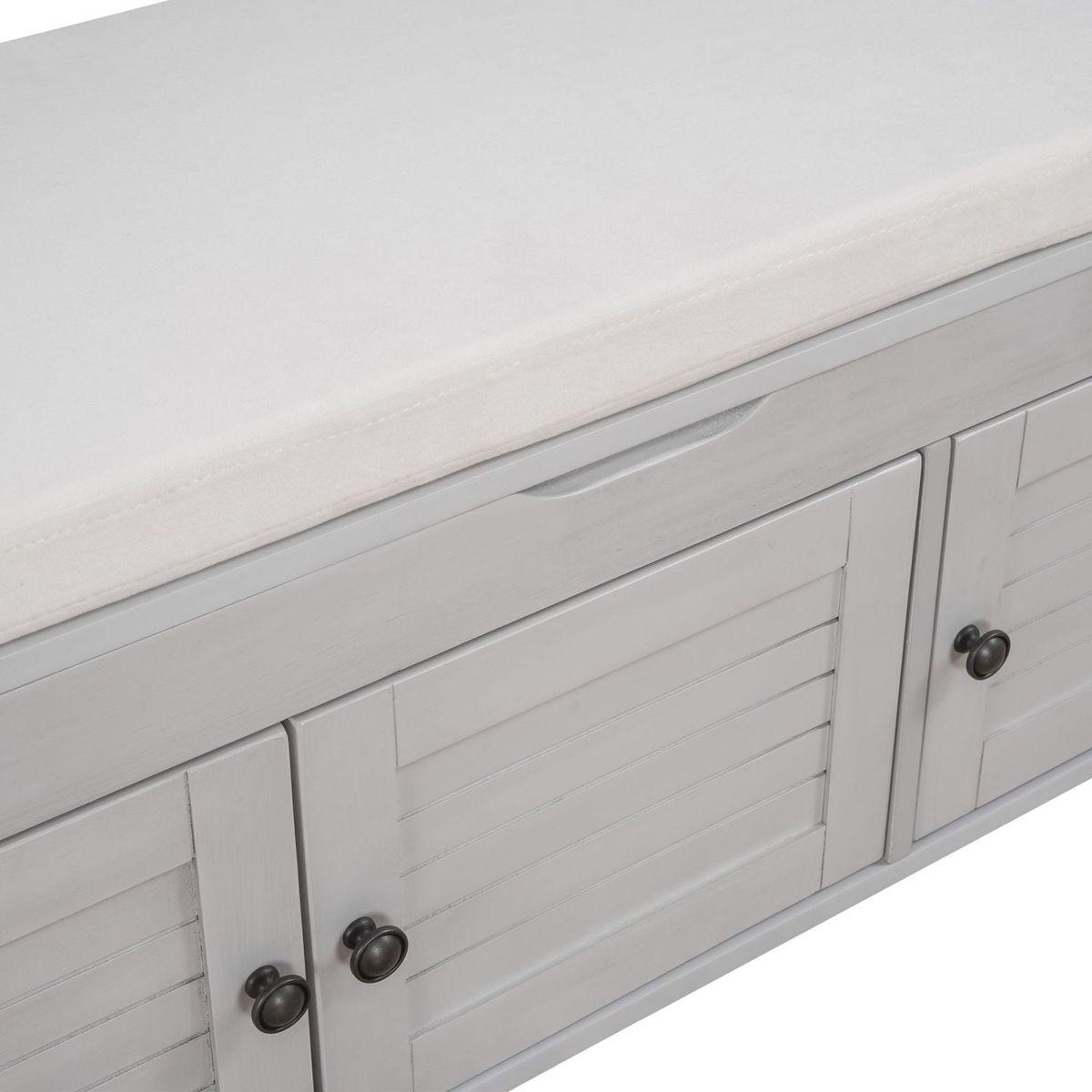 Storage Bench with 3 Shutter-shaped Doors, Shoe Bench with Removable Cushion and Hidden Storage Space (Gray Wash
