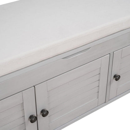 Storage Bench with 3 Shutter-shaped Doors, Shoe Bench with Removable Cushion and Hidden Storage Space (Gray Wash