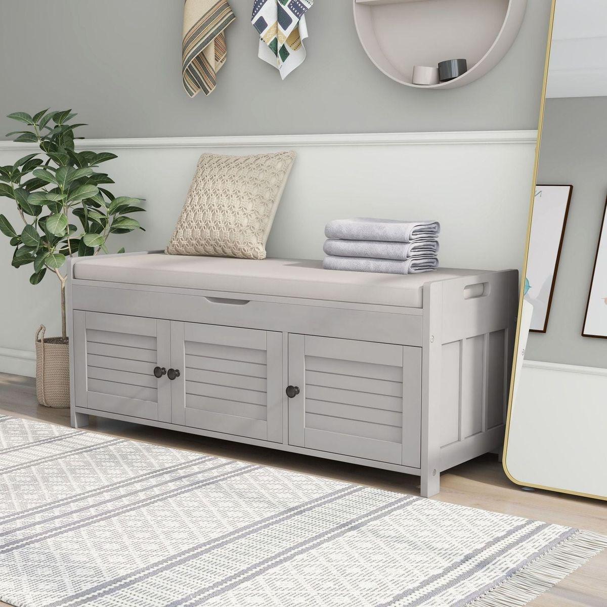 Storage Bench with 3 Shutter-shaped Doors, Shoe Bench with Removable Cushion and Hidden Storage Space (Gray Wash