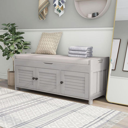 Storage Bench with 3 Shutter-shaped Doors, Shoe Bench with Removable Cushion and Hidden Storage Space (Gray Wash