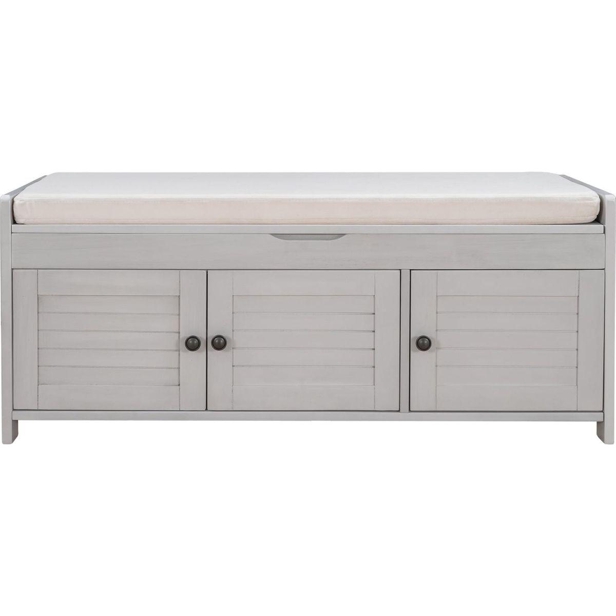 Storage Bench with 3 Shutter-shaped Doors, Shoe Bench with Removable Cushion and Hidden Storage Space (Gray Wash