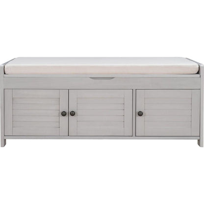 Storage Bench with 3 Shutter-shaped Doors, Shoe Bench with Removable Cushion and Hidden Storage Space (Gray Wash