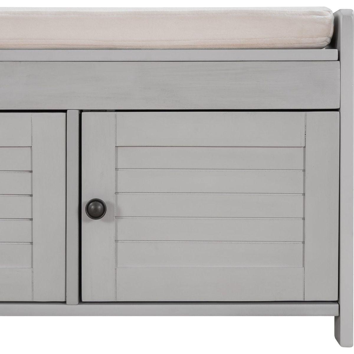 Storage Bench with 3 Shutter-shaped Doors, Shoe Bench with Removable Cushion and Hidden Storage Space (Gray Wash