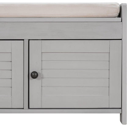 Storage Bench with 3 Shutter-shaped Doors, Shoe Bench with Removable Cushion and Hidden Storage Space (Gray Wash