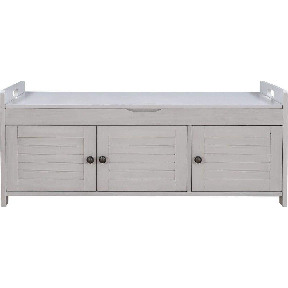 Storage Bench with 3 Shutter-shaped Doors, Shoe Bench with Removable Cushion and Hidden Storage Space (Gray Wash