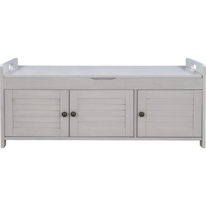Storage Bench with 3 Shutter-shaped Doors, Shoe Bench with Removable Cushion and Hidden Storage Space (Gray Wash