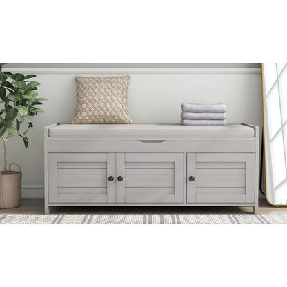 Storage Bench with 3 Shutter-shaped Doors, Shoe Bench with Removable Cushion and Hidden Storage Space (Gray Wash
