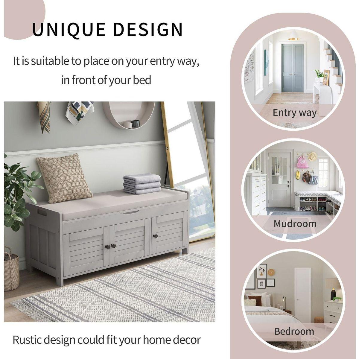 Storage Bench with 3 Shutter-shaped Doors, Shoe Bench with Removable Cushion and Hidden Storage Space (Gray Wash