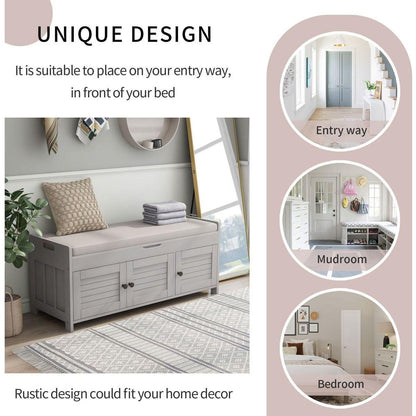 Storage Bench with 3 Shutter-shaped Doors, Shoe Bench with Removable Cushion and Hidden Storage Space (Gray Wash