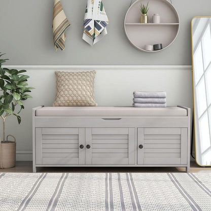 Storage Bench with 3 Shutter-shaped Doors, Shoe Bench with Removable Cushion and Hidden Storage Space (Gray Wash