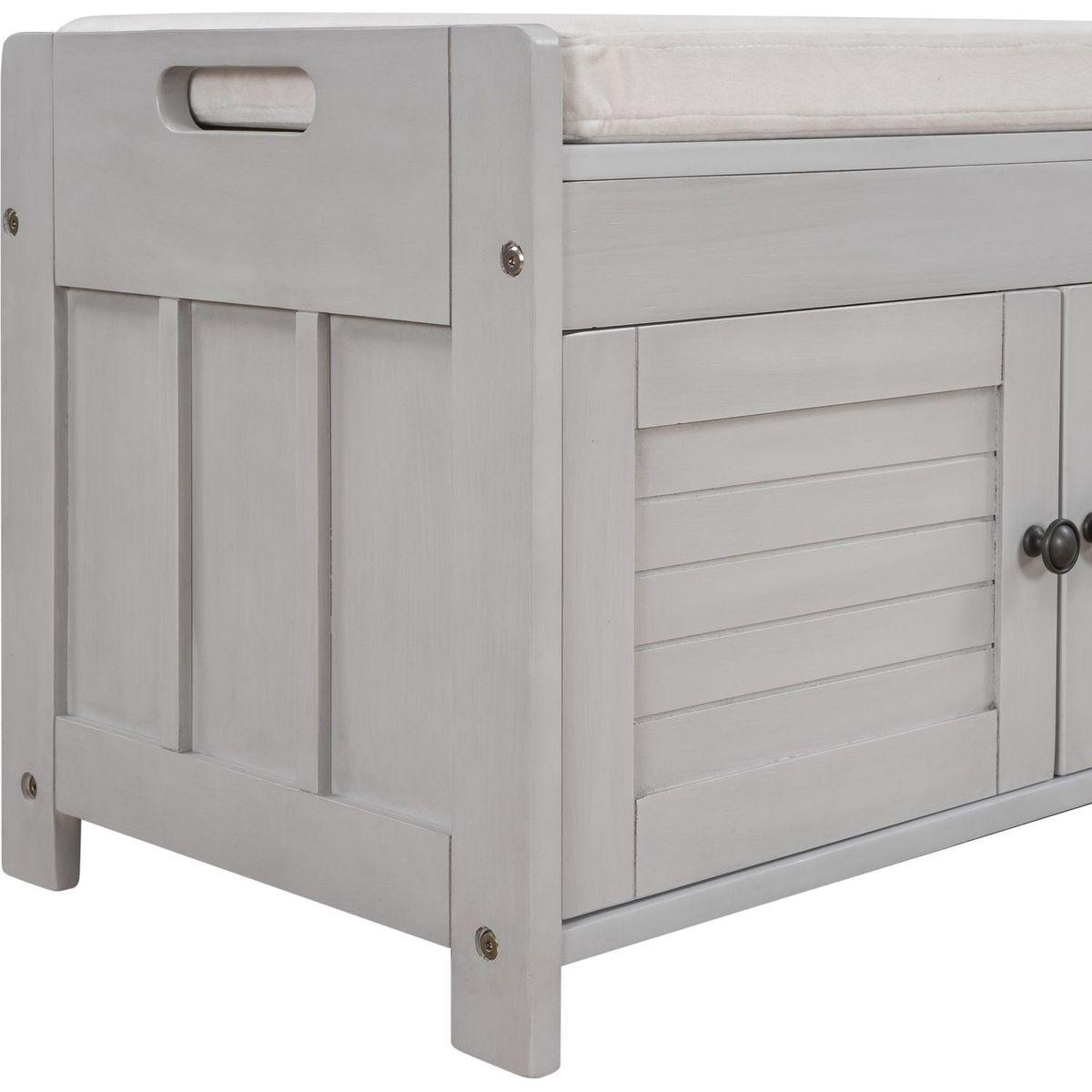 Storage Bench with 3 Shutter-shaped Doors, Shoe Bench with Removable Cushion and Hidden Storage Space (Gray Wash