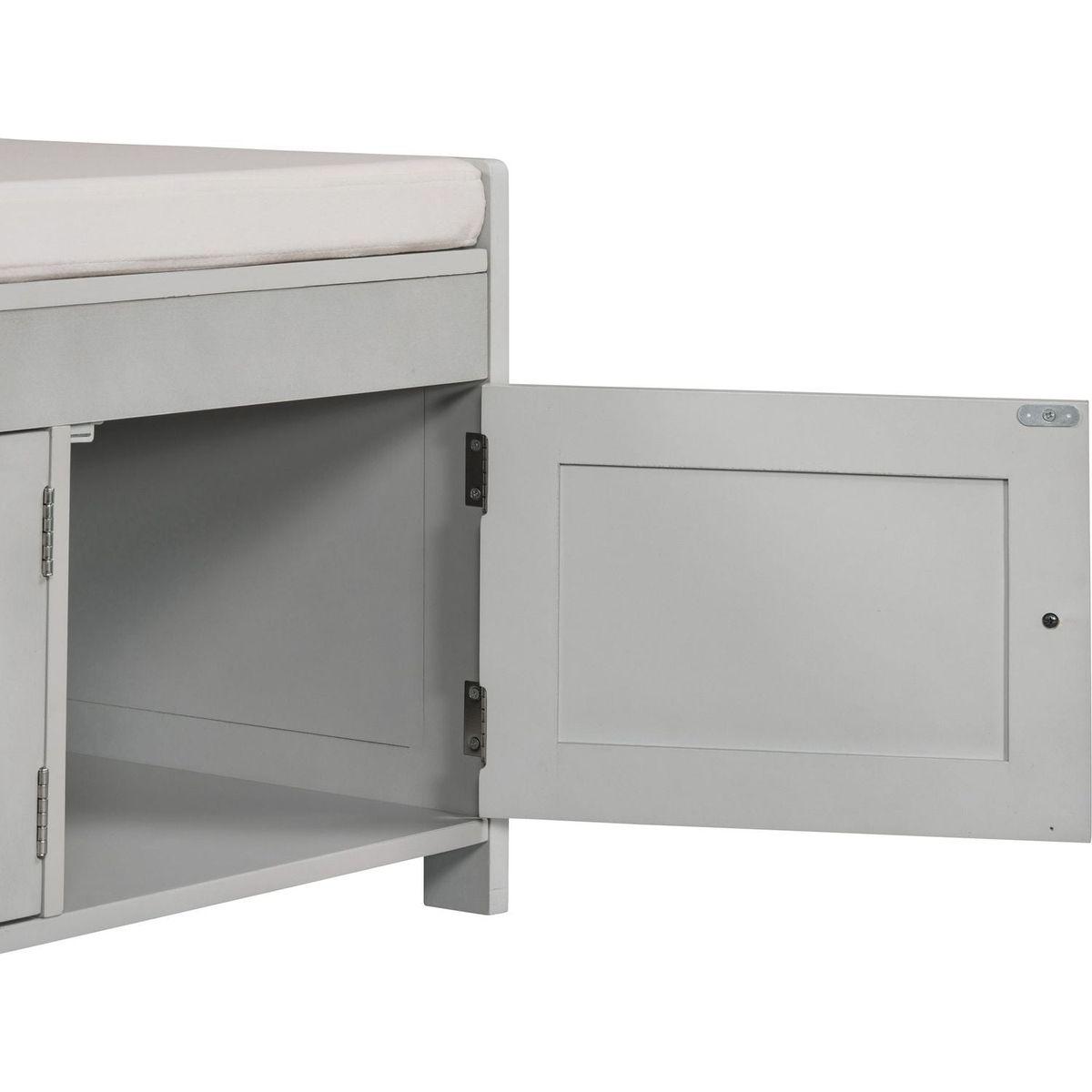 Storage Bench with 3 Shutter-shaped Doors, Shoe Bench with Removable Cushion and Hidden Storage Space (Gray Wash