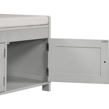 Storage Bench with 3 Shutter-shaped Doors, Shoe Bench with Removable Cushion and Hidden Storage Space (Gray Wash