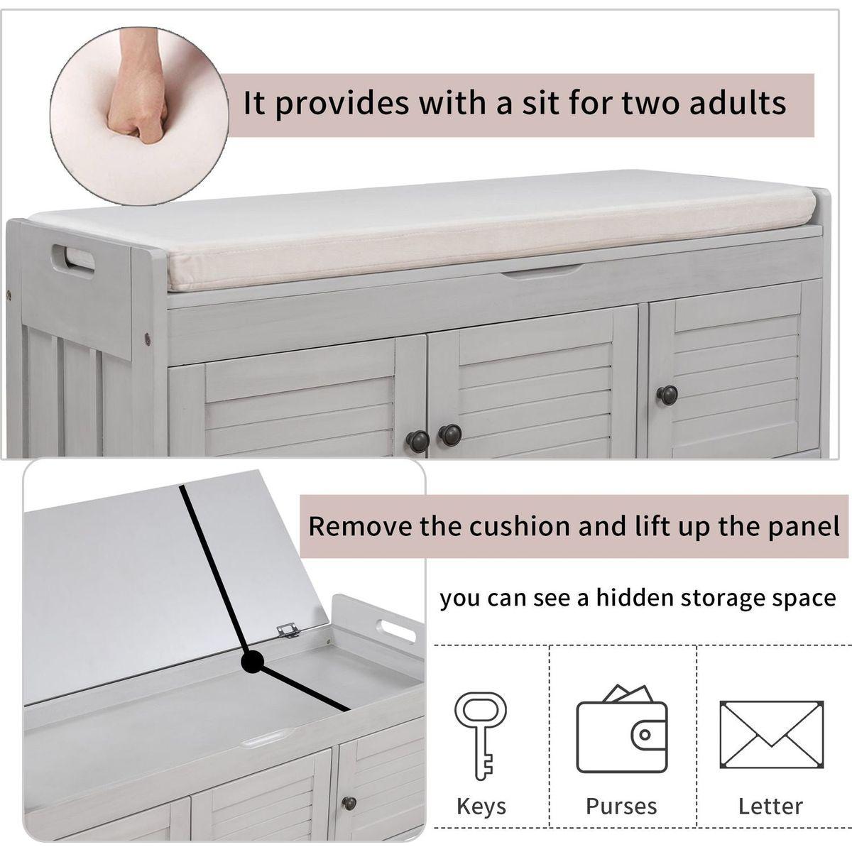 Storage Bench with 3 Shutter-shaped Doors, Shoe Bench with Removable Cushion and Hidden Storage Space (Gray Wash