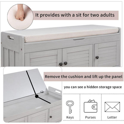 Storage Bench with 3 Shutter-shaped Doors, Shoe Bench with Removable Cushion and Hidden Storage Space (Gray Wash