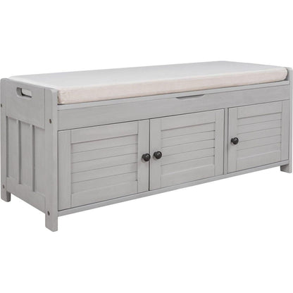Storage Bench with 3 Shutter-shaped Doors, Shoe Bench with Removable Cushion and Hidden Storage Space (Gray Wash