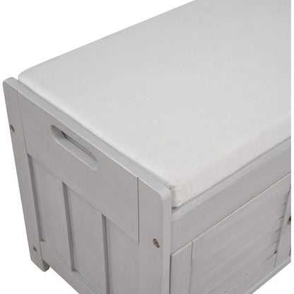 Storage Bench with 3 Shutter-shaped Doors, Shoe Bench with Removable Cushion and Hidden Storage Space (Gray Wash