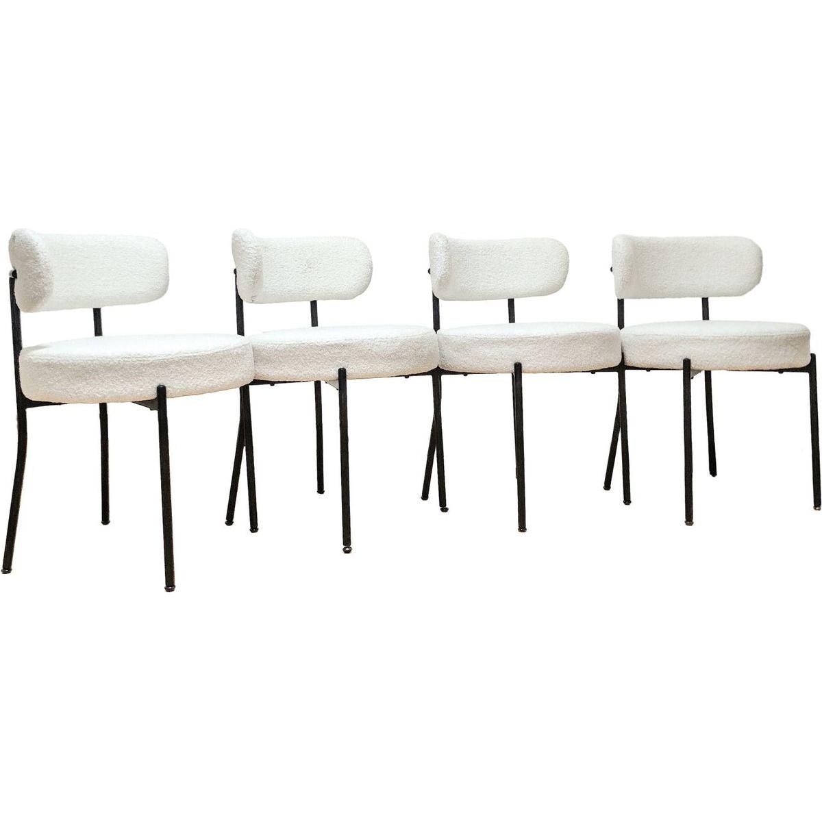 White Dining Chairs Set of 2, Mid-Century Modern Dining Chairs, Kitchen Dining Room Chairs, Curved Backrest Round Upholstered Boucle Dining Chair with Black Metal Legs
