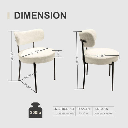 White Dining Chairs Set of 2, Mid-Century Modern Dining Chairs, Kitchen Dining Room Chairs, Curved Backrest Round Upholstered Boucle Dining Chair with Black Metal Legs