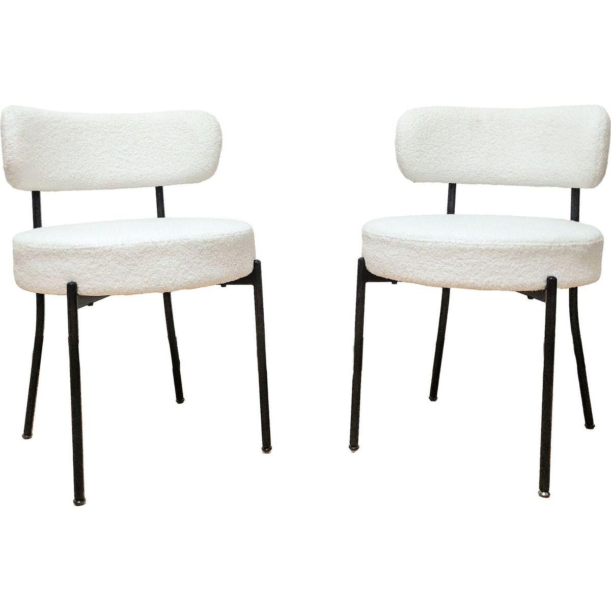 White Dining Chairs Set of 2, Mid-Century Modern Dining Chairs, Kitchen Dining Room Chairs, Curved Backrest Round Upholstered Boucle Dining Chair with Black Metal Legs