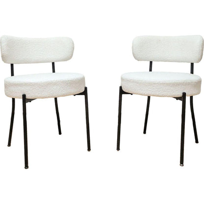 White Dining Chairs Set of 2, Mid-Century Modern Dining Chairs, Kitchen Dining Room Chairs, Curved Backrest Round Upholstered Boucle Dining Chair with Black Metal Legs