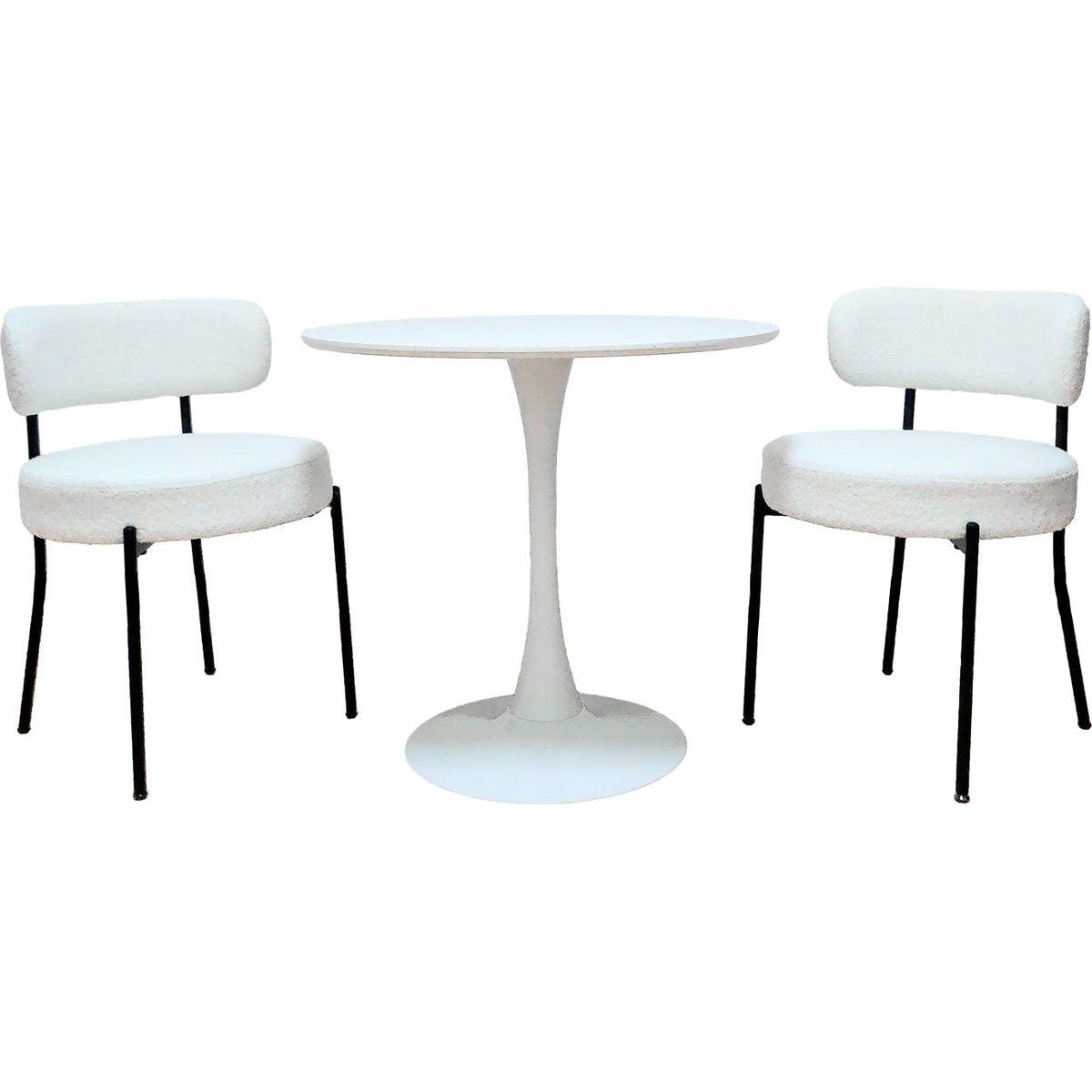 White Dining Chairs Set of 2, Mid-Century Modern Dining Chairs, Kitchen Dining Room Chairs, Curved Backrest Round Upholstered Boucle Dining Chair with Black Metal Legs